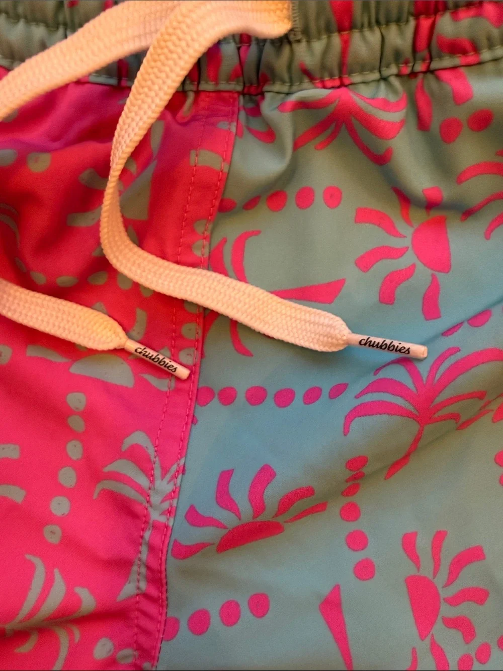 chubbies Teal Swim Trunks with Pink Palm Print